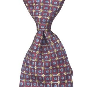 Chaps Ralph Lauren Vintage Silk Tie Burgundy Blue Geometric Medallion USA Made‎
